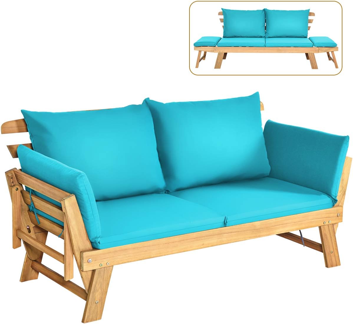 COSTWAY Ławka ogrodowa z funkcją leżenia, sofa ogrodowa z poduszkami i składanym podłokietnikiem, ławka balkonowa z drewna akacjowego, sofa balkonowa, sofa ogrodowa do ogrodu, na taras, balkon, 198 x