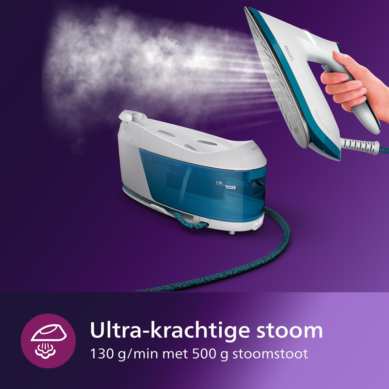 Philips PerfectCare 6000 Series Generator Pary, Silny wyrzut Pary, Gwarancja braku przypaleń, Kompaktowy Design, 1,8L Odłączany Zbiornik na Wodę, Stopa SteamGlide Advanced (PSG6064/80)